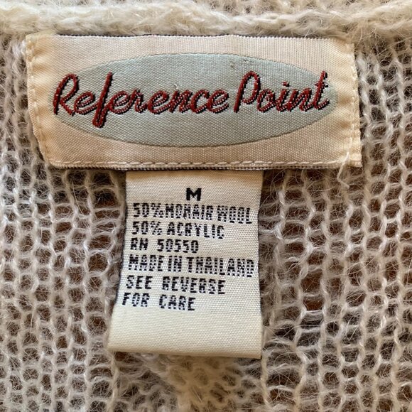 VTG 80s M Sweater Mohair Wool Cable Knit Cream Sheer Granola Fisherman V-Neck - Picture 3 of 4